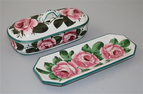 A Wemyss cabbage rose pattern pen box and cover and a similar tray, early 20th century, 20.5cm and 24.5cm, repair to box